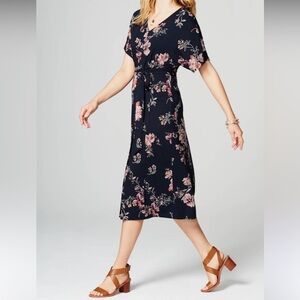 J Jill Navy and Pink Floral Midi Dress Dolman Sleeves Stretch Jersey Size XL